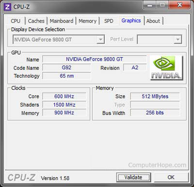 Tarjeta de video CPU-Z e información de memoria