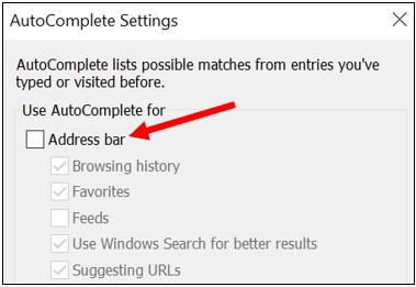 Opciones de sugerencia de URL de Internet Explorer