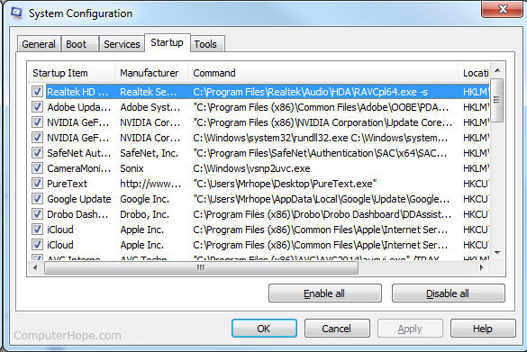 Inicio de la configuración del sistema de Windows (msconfig)